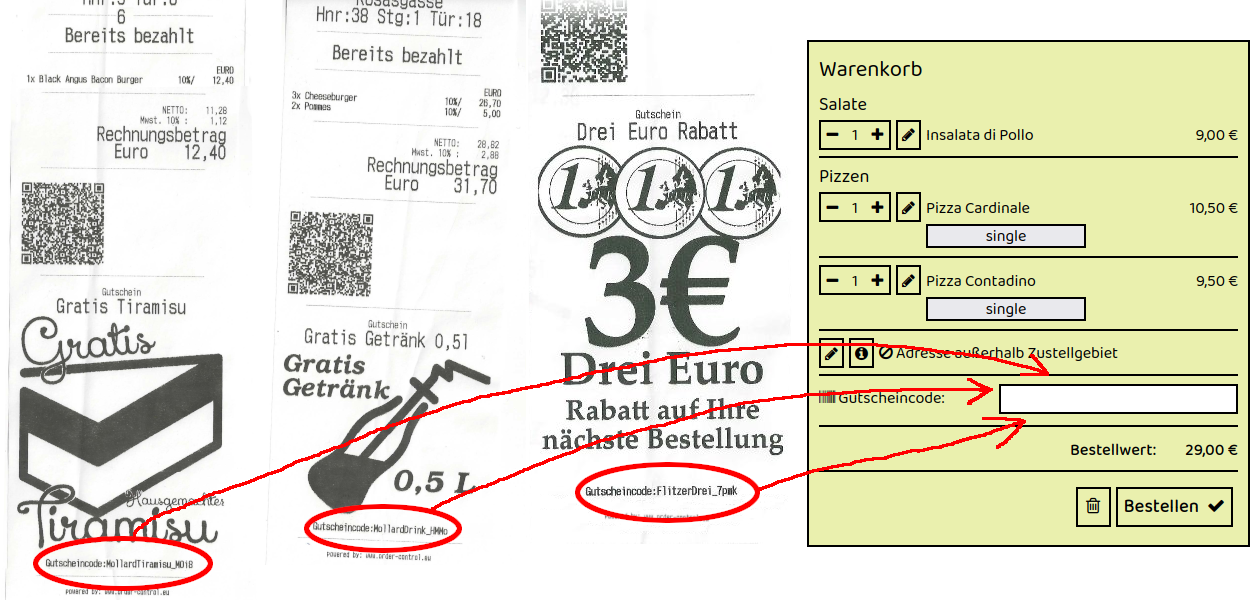 Beispiel für Gutscheincodes auf Rechnungszetteln von Pronto Silberwald in Schönkirchen-Reyersdorf Haselnussgasse 2 – drei Rechnungen mit individuellen Gutscheincodes, die im Online-Warenkorb des Restaurants eingegeben werden können.