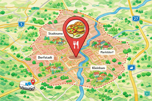 Karte mit eingezeichnetem Liefergebiet für einen Restaurant-Lieferservice